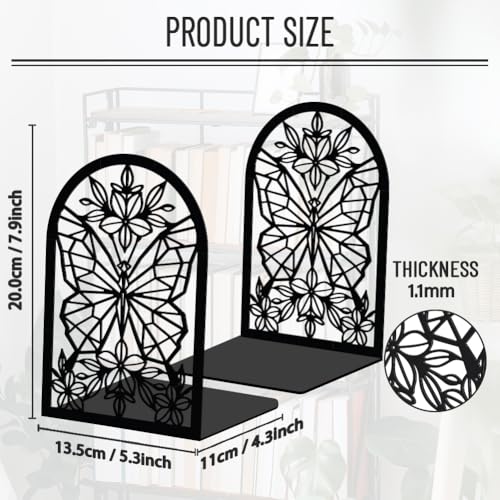 WADORN 1 Pair Geometric Butterfly Metal Decorative Bookend for Shelves, Heavy Duty Book Ends Modern Non-Skid Books Holder Stand Black Book Support Stoppers for Desk Bookshelf Office Home, 5.3x4.3x7.8 - color: Geometric Butterfly