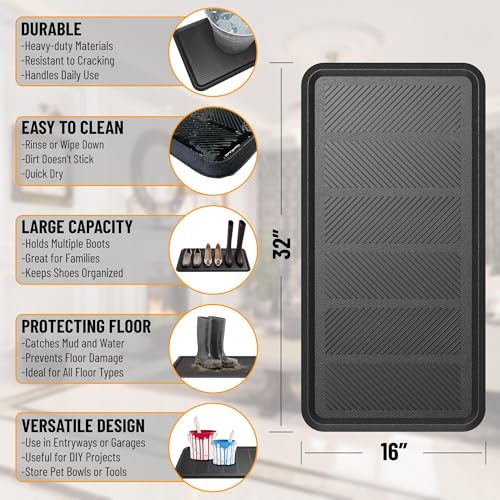 Ottomanson Indoor/Outdoor Boot Tray Non-Slip Rubber 16" x 32" Modern Entryway Mat for Entryway, Patio, Backyard, Garage, 16" x 32", Black - color: Black, size: 1'4" x 2'8" (Tray)