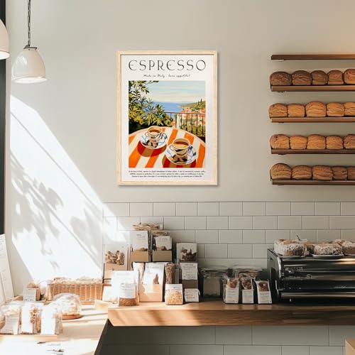 GELDSTEI Coffee Wall Art, Vintage Espresso Wrapped Canvas Print, Italian Coffee Poster Print, Cafe Bar Decoration, Retro Italian Cafe Wall Decor for Kitchen Dining Room Wood Framed 16x24 Inch - color: Orange(Wood), size: 24"L x 16"W
