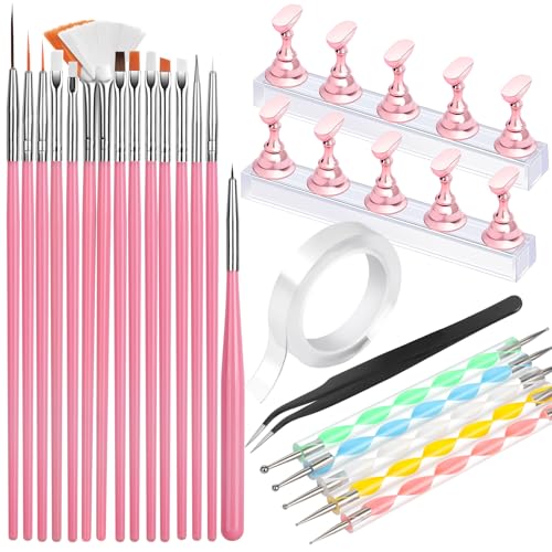 FANDAMEI Nail Art Tools, Nail Brush, 15 PCS Nail Art Brushes, 5 PCS Nail Dotting Tool, Nail Stand, Nail Holder For Painting Nails, Press On Nail Stand, Nail Tools, Nail Design Tools - color: Pink