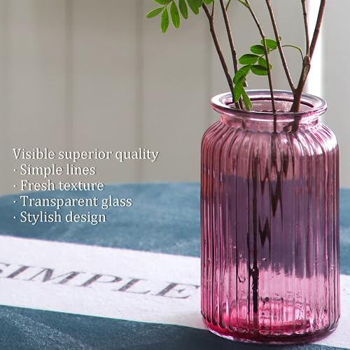 OFFIDIX Glass Vase,7.3 * 4.3in Vertical Line Geometric Faceted Design Flower Vase - color: Wine Red