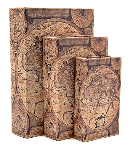 Bellaa Decorative Book Box Antiques Vintage Retro Invisible Secret Storage Faux Leather Wood Magnetic Set of 3 (A Antique Map) - style: A Antique Map