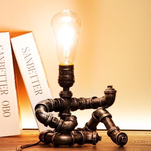 Music Guitar Table Lamp,Steampunk Table Lamp,Retro Guitars Steampunk lamp, Industrial Metal Tube Robot Lamp Cool Guitar Stuff Present for Men Music Lovers - color: Silver Black Lamp Body + Acoustic Guitar
