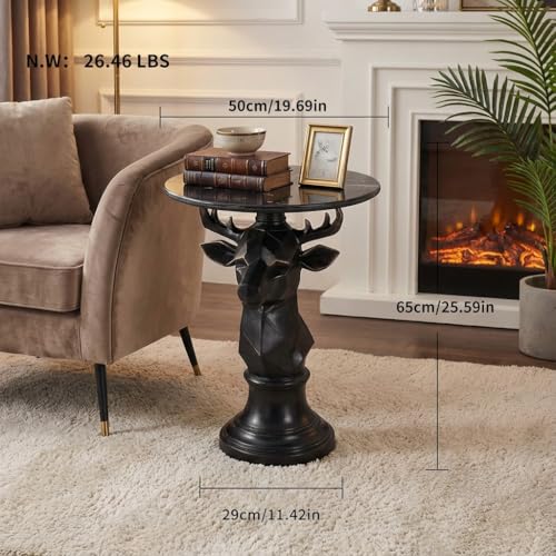 Deer Side Table for Living Room - 20" Faux Marble Top Accent End Table with Hand-Carved Resin Deer Statue Base - Modern Round Bedside Table for Bedroom, Patio, Entryway,Gift - Tool-Free Setup - color: Black Deer