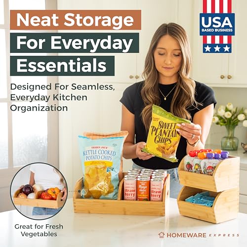 Potato and Onion Storage Bin – Stackable Ventilated Bamboo Storage System for Kitchen Counter or Pantry – Multi-Level Produce Organizer for Garlic, Fruits & Vegetables