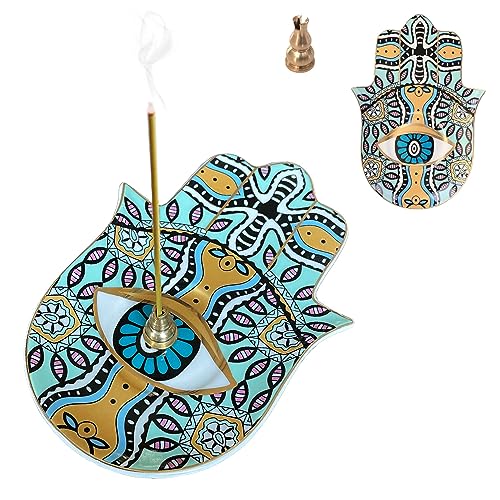 Ceramic Hamsa Hand Incense Holder - 2 in 1 Brass Incense Holder for Sticks and Coil Incense- Zen Decor with Hand of Fatima Design Protection from Evil - 6.2" L X 4.5" W (Green) - color: Green