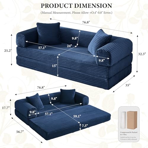 Boneless Couch Versatile Couches for Living Room No-Install Sofa Bed Corduroy Futon Soft Cloud Couch with Pillows for Bedroom Game Movie (Dark Blue, 76") - color: Dark Blue