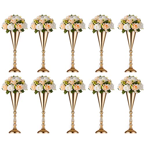 10 Pcs Tabletop Gold Metal Wedding Flower Trumpet Vase, 16.5 inch Table Decorative Centerpiece Artificial Flower Arrangements for Anniversary Ceremony Party Birthday Event Home Decoration (Gold) - color: Gold, size: 16.5 inch x 10 Pcs