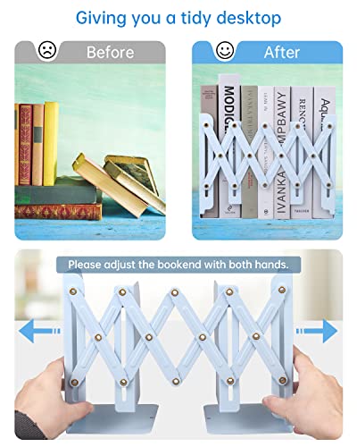 Honagu Adjustable Bookends, Metal Book Ends for Shelves Heavy Book, Desk Magazine File Organizer for Home, Office, Books, Papers, Extends up to 19 inches, Gifts for Students,Teachers (Light Blue) - color: Light Blue