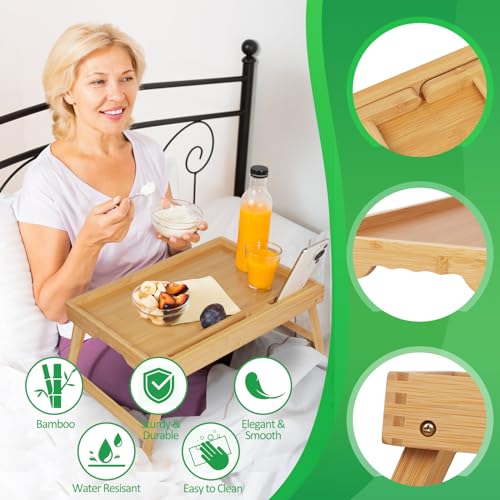 Artmeer Bed Tray Table with Folding Legs, Bamboo Breakfast Food Tray with Media Slot, Use As Platter, Laptop Desk, Snack, TV Tray Kitchen Serving Tray (Bamboo Large) - color: Bamboo, size: Large
