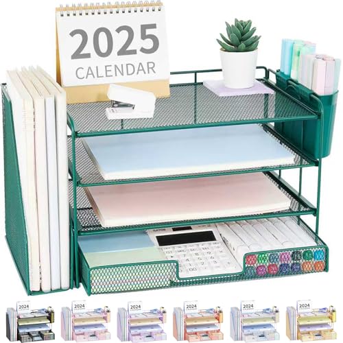 OPNICE Desk Organizer, 4-Tier Desktop File Organizer with Drawer and 2 Pen Holders, Office Desk Accessories, File Sorters, Workspace Organizers for Office Supplies(Dark Green) - color: Dark Green, size: 4-Tier
