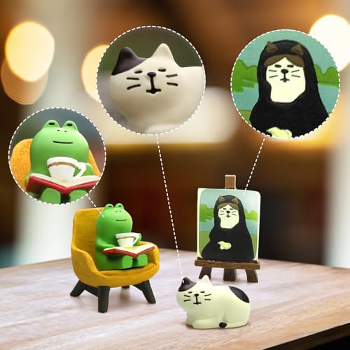 RAQWI Cute Frog Reading on Yellow Sofa Figurine with Cat Painting & Kitten Statue, Mini Resin Animal Set for Office Desk, Bookshelf Decor, Gift for Book & Cat Lovers - color: First Set