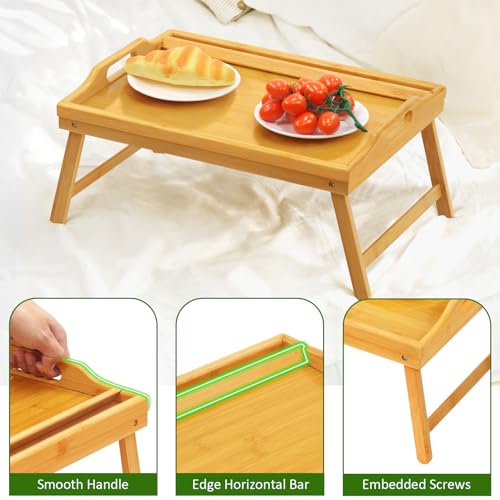 Tray Table for Bed, Bamboo Breakfast Tray with Folding Legs and Handles, Natural Color Bed Tray with Media Slot, Ideal for Eating, Serving or Working in Kitchen, Sofa or Bedroom - style: 1 pack