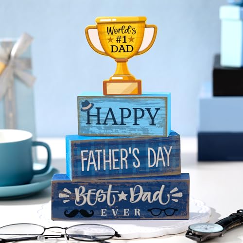Yuntau 4 Pcs Father's Day Decorations Happy Father's Wooden Tabletop Tiered Tray Decor Rustic Best Dad Ever Trophy Wood Block Table Sign Centerpiece for Farmhouse Shelf Fireplace Birthday Party Gift - style: Father's Day