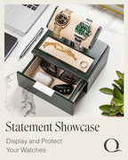 QWATCH Watch Stand Display Case - Acrylic Watch Box for 2 or 4 Watches with Jewelry Valet Tray and Drawer - color: Single - Green / Ivory