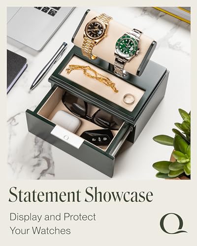 QWATCH Watch Stand Display Case - Acrylic Watch Box for 2 or 4 Watches with Jewelry Valet Tray and Drawer - color: Single - Green / Ivory
