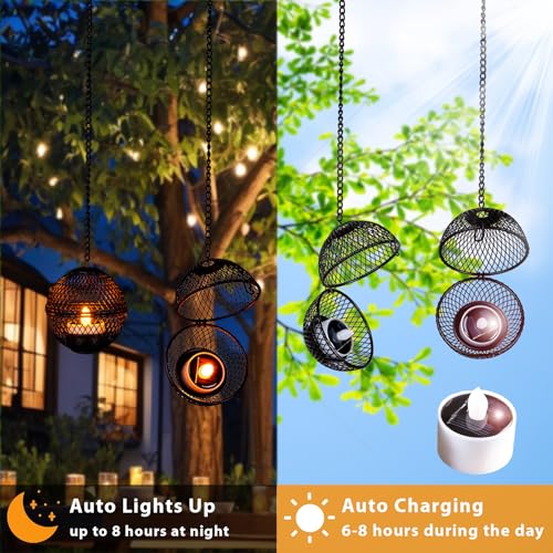 Solar Hanging Lanterns Lights Outdoor, 4 Pack Hanging Candle Holder with Solar Tea Lights Candles Outdoor Waterproof, Chandelier Ideas for Tree Pergola Patio Decor, ALL FORTUNE