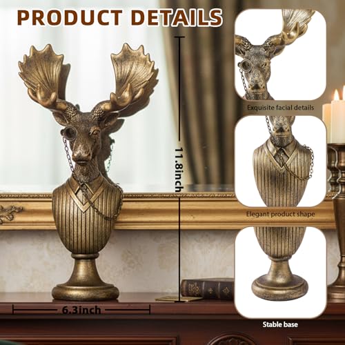 Vintage Animal Statue Sculpture,Gold Resin Moose Bust Figurine with Glasses & Suit, Deer Retro Office Desk Decor for Home Living Room, Creative Gift for Animal Lovers - color: Deer Bust