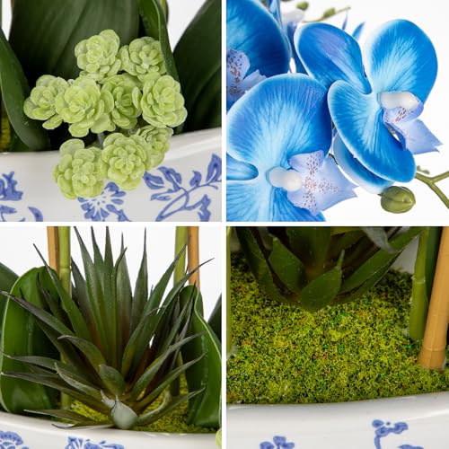 Briful Blue Orchid Fake Flowers 17in Artificial Orchid Silk Flowers in Blue and White Vase Faux Orchid Arrangement for Home Office Bathroom Table Shelf Modern Decoration - color: Blue and White Porcelain Vase