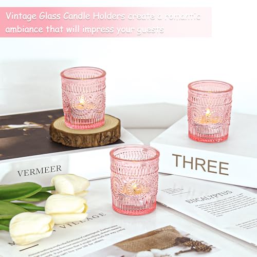 24 Pcs Pink Glass Votive Candle Holders, Tealight Candle Holders for Table Centerpieces, Vintage Candle Holder Bulk, Boho Wedding, Valentine's Day Table Decor (Pink) - color: Pink