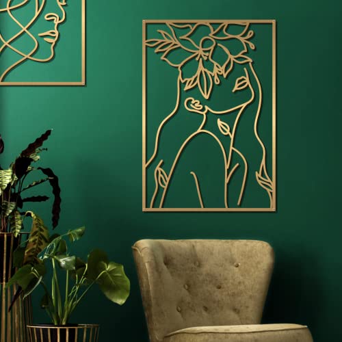Glamativity 4 Pack Gold Wall Art Decor, Female Flower Face Lover Minimalist Décor Single Line Art Wall Décor, Real Metal Wall Art, Woman's Body Shape Abstract Wall Art, for Kitchen Bedroom Living Room (Gold Floral Lady Style, M Size 17 x 11.8'') - color: