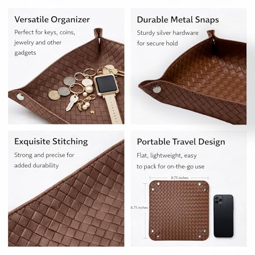 UnionBasic Small Valet Tray, Jewelry Tray for Rings Watches Earrings, Entryway Catchall Caddy for Coins Keys Change, Nightstand Bedside Valet Holder, Trays for Electronic Gadgets, Woven Leather Brown - color: Woven Leather Brown, size: 5.4" x 5.4" x 1.6"