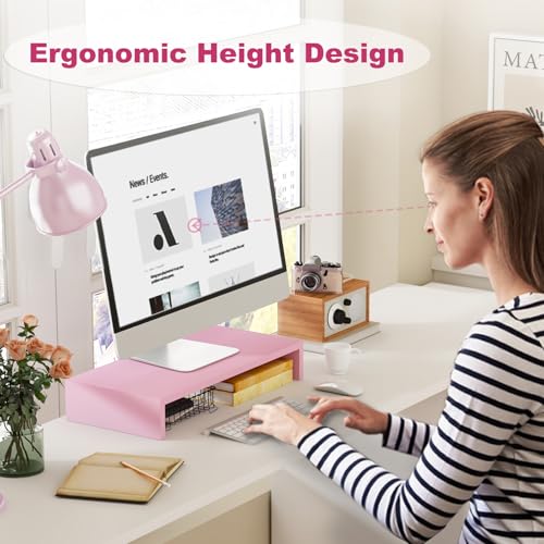 TEAMIX Pink Monitor Riser-20L inch, Wood Monitor Stand for Desk, Sturdy TV/Screen/PC/Printer/Laptop Riser,Computer Shelf with Storage TV Holder for Home Office (Pink, 20 inch) - color: Pink, size: 20 inch