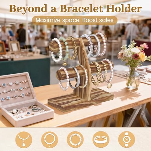 MODOWEY Bracelet Holder Organizer Display Stand, 2 Tier Wooden T Bar Bangle Rack for Dresser, Small Jewelry Hanger with Rod for Vendor Selling, Desktop Jewellery Tree for Home Business, Rustic Brown - color: Rustic wood