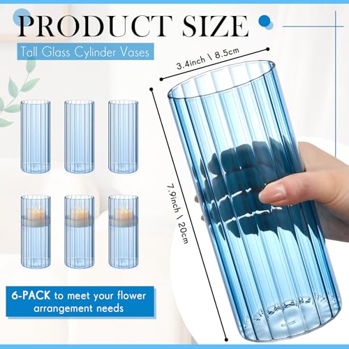 6 Pcs 8 Inch Tall Glass Ribbed Cylinder Vases Clear Floating Candle Flower Vase in Bulk, Hurricane Candle Holder for Wedding Housewarming Gift Table Centerpieces(Blue) - color: Blue, size: 8 Inch