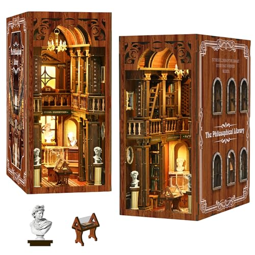 Book Nook Kit with Dust Cover & Stickers, Dust Cover, Bookshelf Insert Decor for Birthday, 3D Wooden Bookends Puzzle, Miniature Dollhouse Kit for Adults, Teens, Beginners（Philosophical Library） - style: Philosophical Library