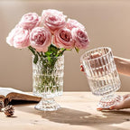 Goaste 3 Pack Embossed Big Base Vase, 7" Crystal Glass Vase, Hydroponic Green Plant Vases, Transparent Flower Vases with Ribbed Pattern for Wedding, Dining Table Centerpieces, Home Decor, Office