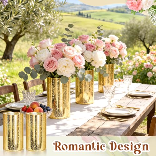 12 Pcs Gold Cylinder Vases for Centerpieces Mercury Vase Hurricane Vase Bulk Acrylic Round Wide Container for Flowers Home Office Wedding Table Decorations (6'') - color: Gold, size: 6''
