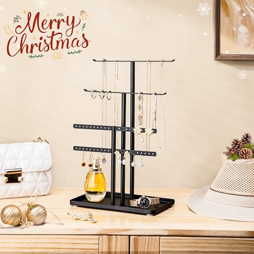 pickpiff Jewelry Stand Organizer, 12.5" Tall Sturdy Metal, 3-Tier Jewelry Holder for Necklace, Earring, Bracelet, Ring, Hanger for Display and Storage, Aesthetic Room Decor, Black - color: Black, size: 12.5" Height