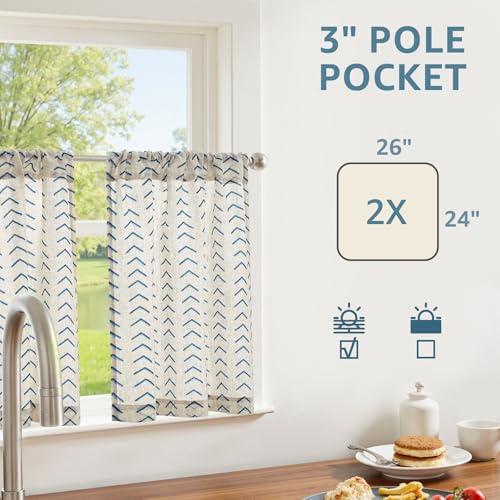 jinchan Boho Linen Blend Kitchen Curtains 24 Inch Length Herringbone Printed Tier Curtains for Small Windows Bathroom Cafe Laundry Room Set of 2 Rod Pocket Blue on Linen - color: Arrow | Blue on Linen, size: 26"W x 24"L (Pack of 2)