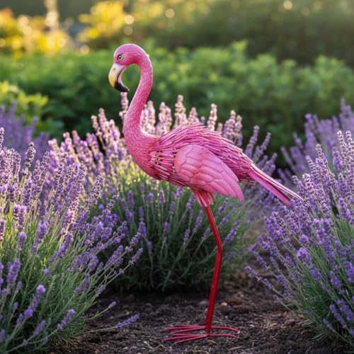 35" Flamingo Garden Statues & Sculptures, Metal Birds Yard Art Outdoor Statue, Large Pink Flamingo Lawn Ornaments for Home, Patio, Backyard Decor - size: 35Inch