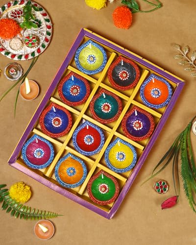 Handmade Terracotta Set of 12 Clay Diya for Diwali/Navratri Decorations Oil Lamp Tea Light Holder Indian Festival Diyas for Pooja & Diwali Decorations | TRBD12M-015 (Multicolor)