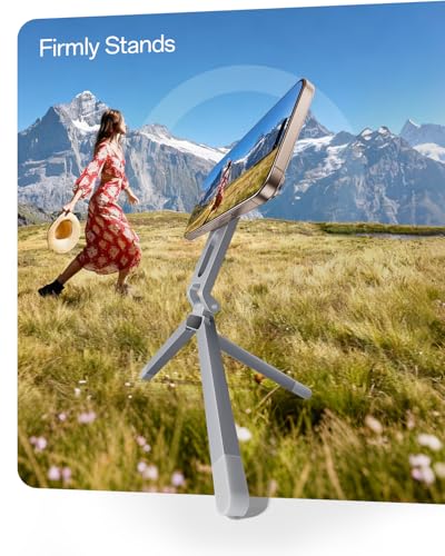 iWALK Magnetic Foldable Metal Phone Stand for iPhone, Strong Magnet Mini Cell Phone Tripod Stand for Vlog, Gym, Travel Essentials Compatible with iPhone 17, 16, 15, 14, 13, 12 Series, Silver