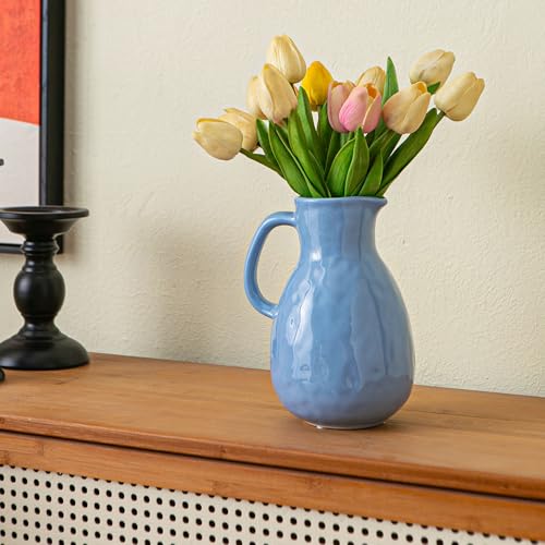Blue Ceramic Vase with Handle, Pitcher Vases for Modern Farmhouse Home Decor, Small Pottery Flower Jug for Living Room Bedroom Kitchen Office Shelf Decor Centerpiece Table Decoration - color: Blue Pitcher Vase