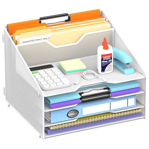 Desk File Organizer, Paper Organizer with 4 Letter Trays and 2 Vertical Upright Sections, Desk Organizers and Accessories for Office, School, Home (White) - color: White