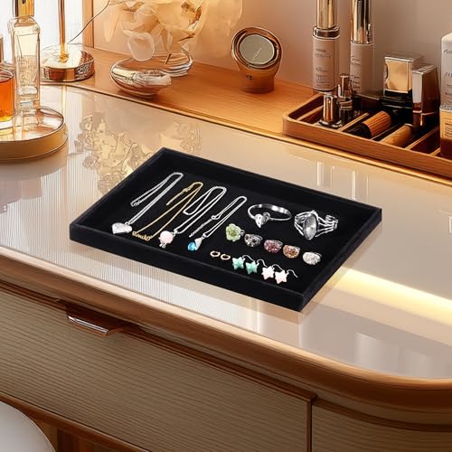 Mornajina 9" x 5.7" Velvet Jewelry Tray Jewelry Display Tray, Stackable Empty Plate Trays for Earrings Necklaces Bracelet Rings Display Showcase - Black - color: Black, size: Flat Tray 9"x5.7"