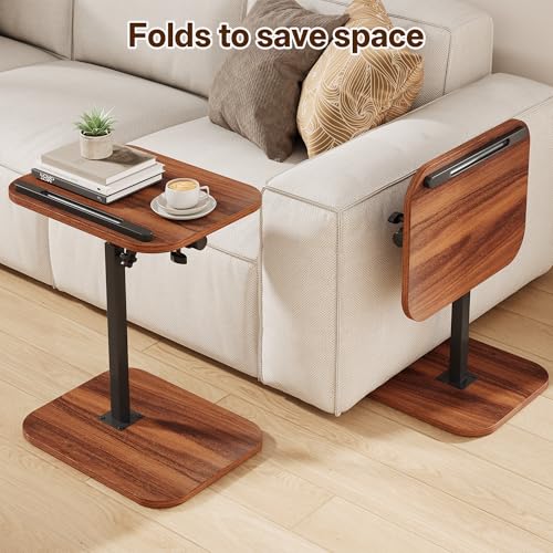 TV Tray Table, Adjustable Height, Flip-Top, Snack Side Table with 360° Swivel and 180° Tilt, C Shaped End Table for Couch, Sofa, Bed, Recliner, Walnut - color: Walnut