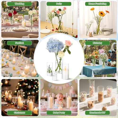 12pcs Clear Glass Cylinder Vases, 4, 6, 7.5, 10 Inch Tall Cylinder Vases for Centerpieces,Glass Flower Vase Hurricane Floating Candle Holder Vase for Wedding, Table Shelf, Party,Home Decor,Gift