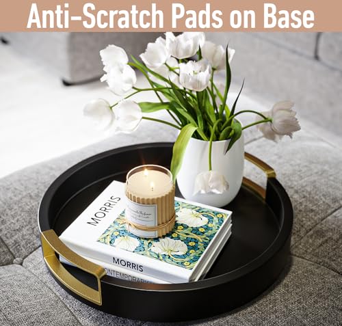 Round Decorative Tray - 12 Inch Round Black Tray with Gold Metal Handles - Stain Resistant Serving Trays for Decor - Decorative Trays for Coffee Table, Ottoman, Bar, Vanity, Kitchen, Bedroom & More