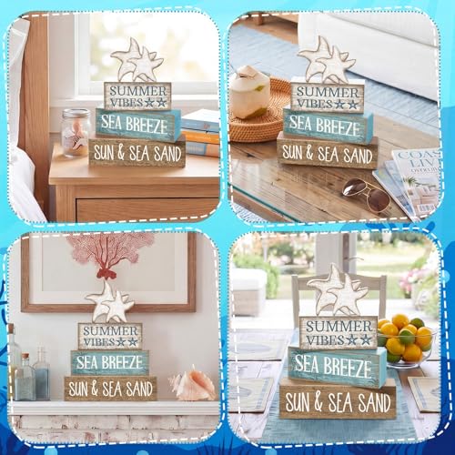 Yuntau 4 Pcs Summer Beach Decorations for Home Beach Tiered Tray Decor Starfish Coastal Rustic Starfish Wooden Block Table Sign Stacked Book Nautical Table Centerpiece for Farmhouse Office Desk Shelf - style: Retro Starfish
