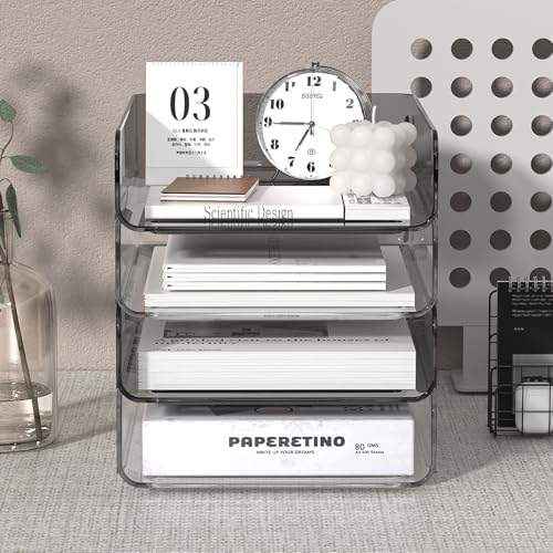 FANXIYQ 4-Tier Acrylic Paper Tray Organizer | Clear Stackable Desk Organizer for Documents, Letters, A4 Paper | Modern Office/Classroom/Home Organization,Clear&Brown - color: Clear & Brown