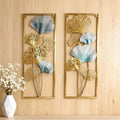Set of 2 Gold & Blue Ginkgo Leaf Metal Wall Art, 33.5"x12.2" Modern Framed Wall Sculpture, Luxury Spring Home Decor for Living Room Bedroom Bathroom, Elegant Gift for Wedding Housewarming Mother's Day for Homeowners