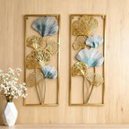 Set of 2 Gold & Blue Ginkgo Leaf Metal Wall Art, 33.5"x12.2" Modern Framed Wall Sculpture, Luxury Spring Home Decor for Living Room Bedroom Bathroom, Elegant Gift for Wedding Housewarming Mother's Day for Homeowners