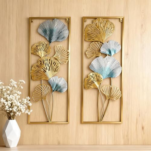 Set of 2 Gold & Blue Ginkgo Leaf Metal Wall Art, 33.5"x12.2" Modern Framed Wall Sculpture, Luxury Spring Home Decor for Living Room Bedroom Bathroom, Elegant Gift for Wedding Housewarming Mother's Day for Homeowners