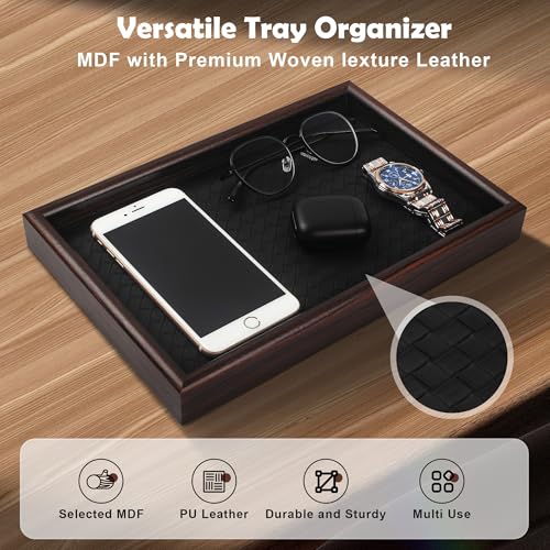 Zosenley Wooden Valet Tray with Leather Base - Nightstand Catchall Organizer for Cologne, Perfume, Keys, Wallet, Phone, Watch, Jewelry & Sunglasses (2Pcs Black) - color: 2Pcs Black