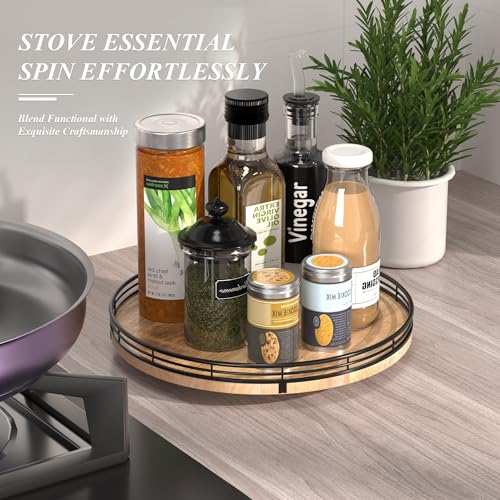 12" Lazy Susan Oak Wood Turntable Organizer for Cabinet, Farmhouse Round Wooden Lazy Susan Organization and Storage for Dining Table, Pantry, Kitchen, Bathroom, Countertop, Cupboard, Home Decor - color: Brown & Black, size: 12 inches